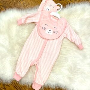 NWT 3 month girl’s terry cloth onesie with matching bib and hat.